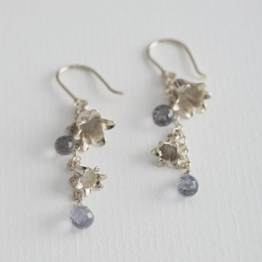 Silver Blue Bell Hook Earrings with tiny iolite gemstones