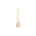 Sparkling pear diamonds set in Boulder textured bezel set 18k Yellow Gold hook earrings.