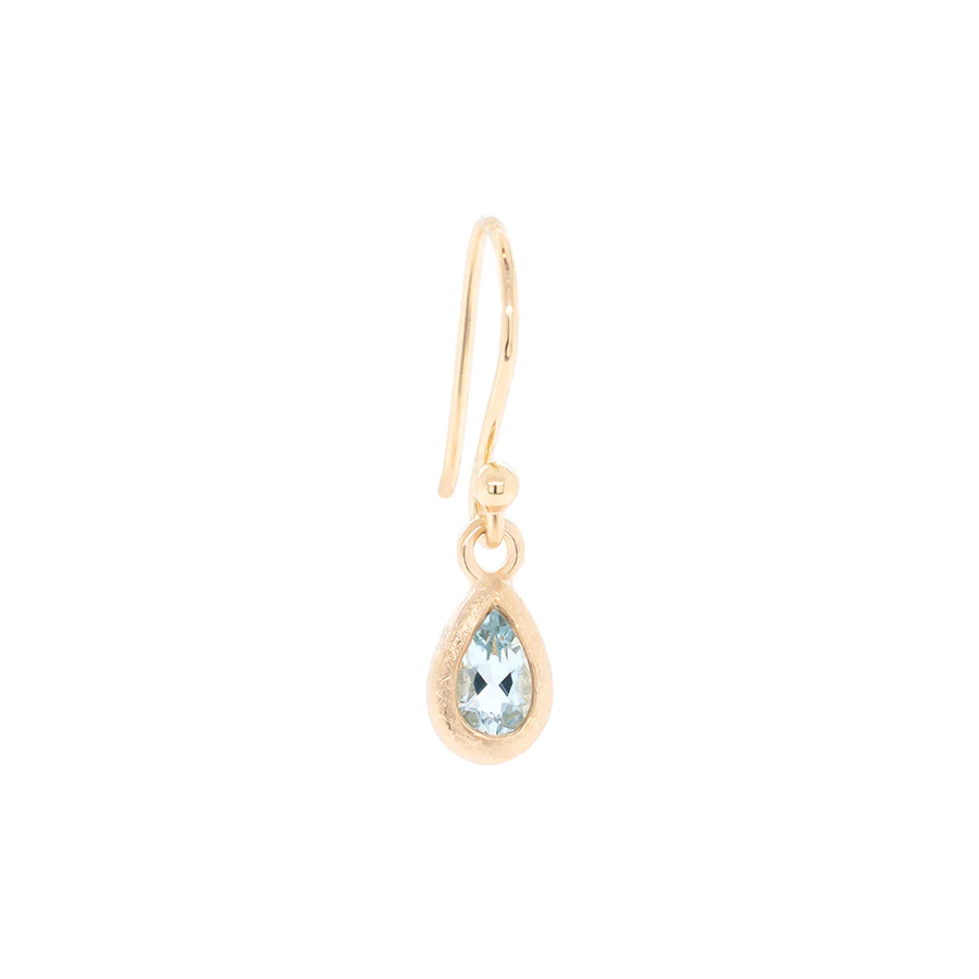 Sparkling pear Aquamarine gemstones in t 'Boulder' textured bezel set 18k Yellow Gold hook earrings.