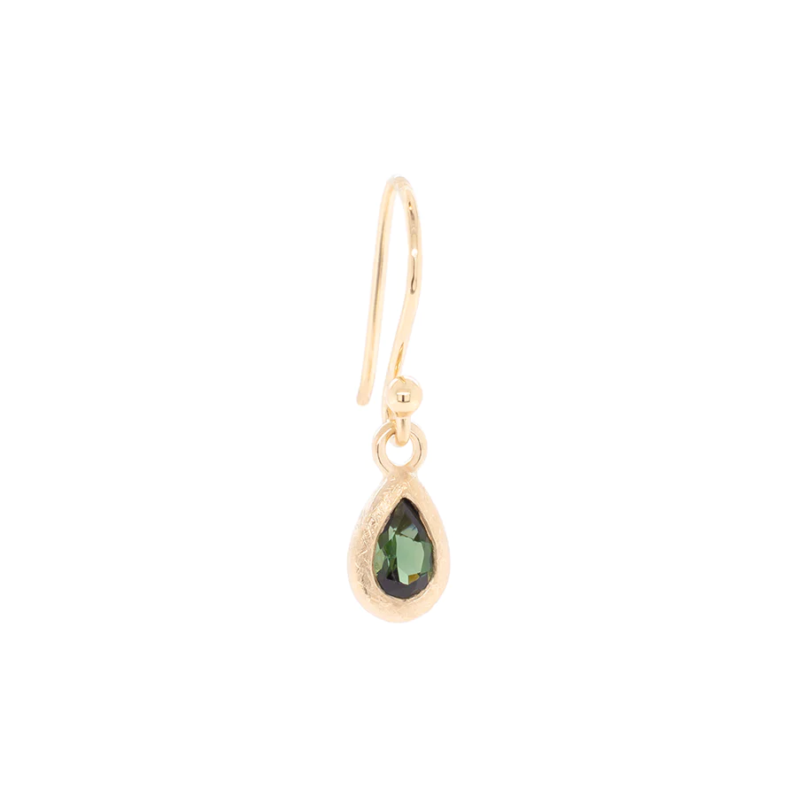 Sparkling pear Green Tourmaline gemstones in t 'Boulder' textured bezel set 18k Yellow Gold hook earrings.