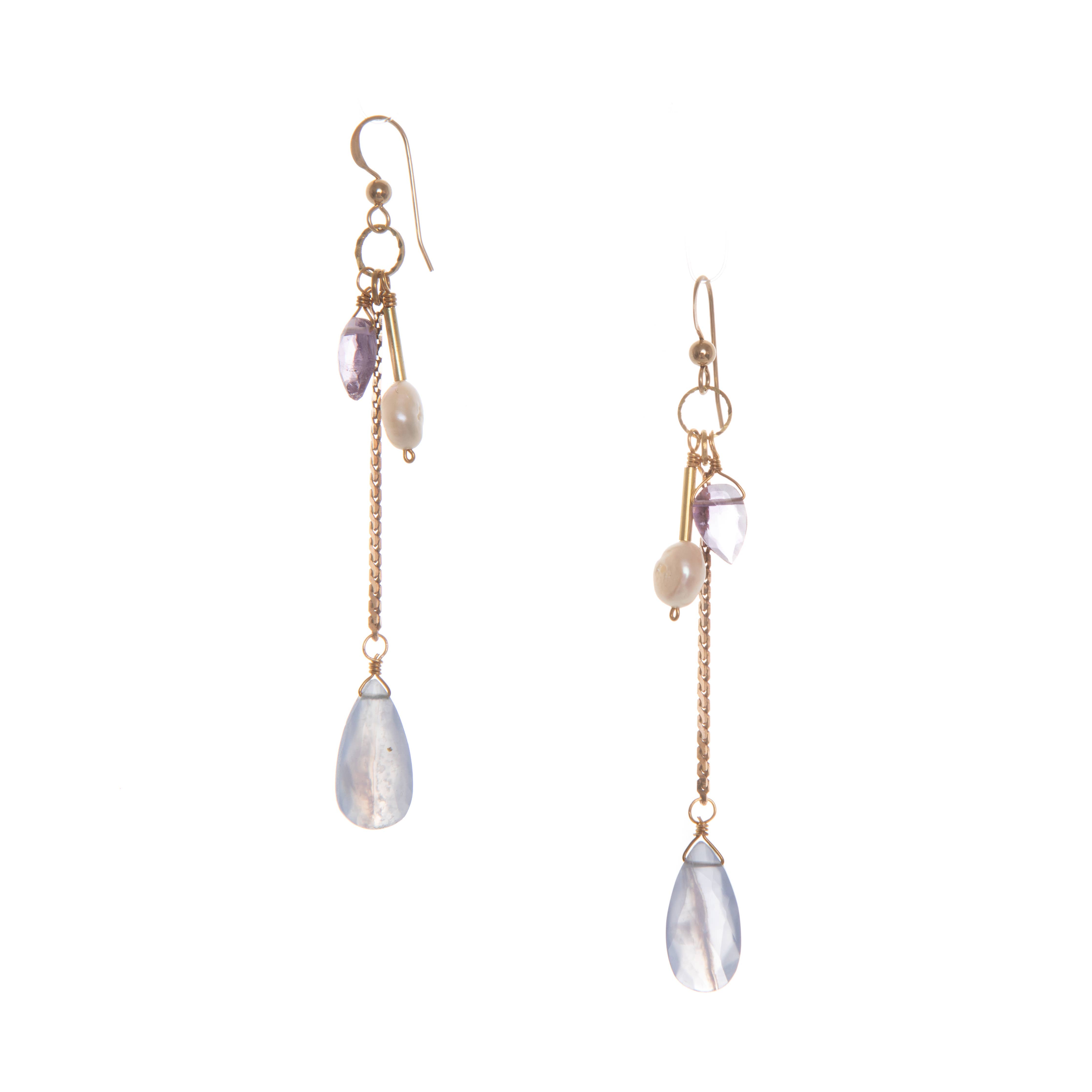 Brisa Earrings feature a hand-cut gemstone drop with a stone and Freshwater Pearl cluster. made from Vintage brass chains and recycled brass 