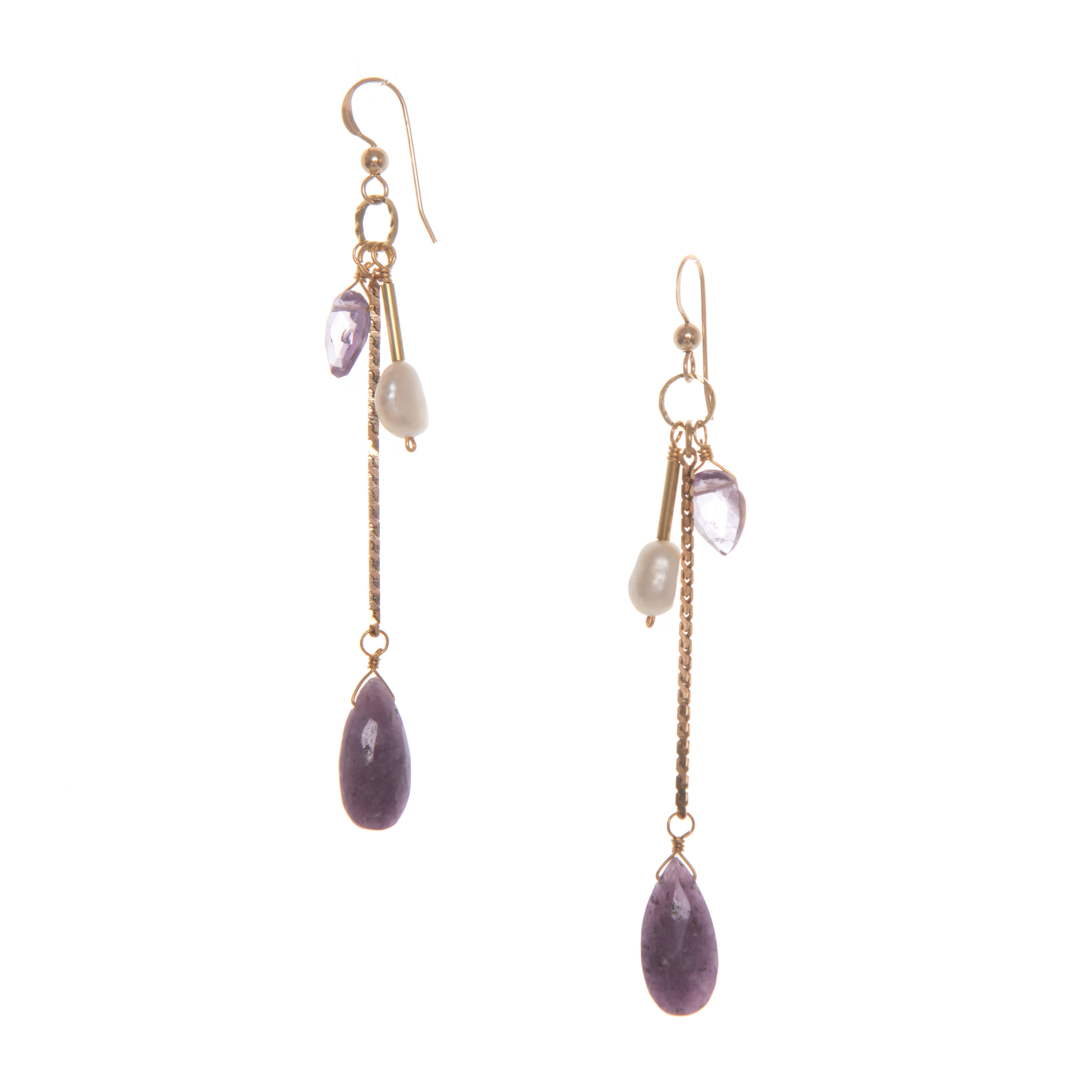 Brisa Earrings feature a hand-cut gemstone drop with a stone and Freshwater Pearl cluster. made from Vintage brass chains and recycled brass 