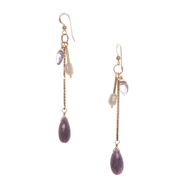 Brisa Earrings feature a hand-cut gemstone drop with a stone and Freshwater Pearl cluster. made from Vintage brass chains and recycled brass 