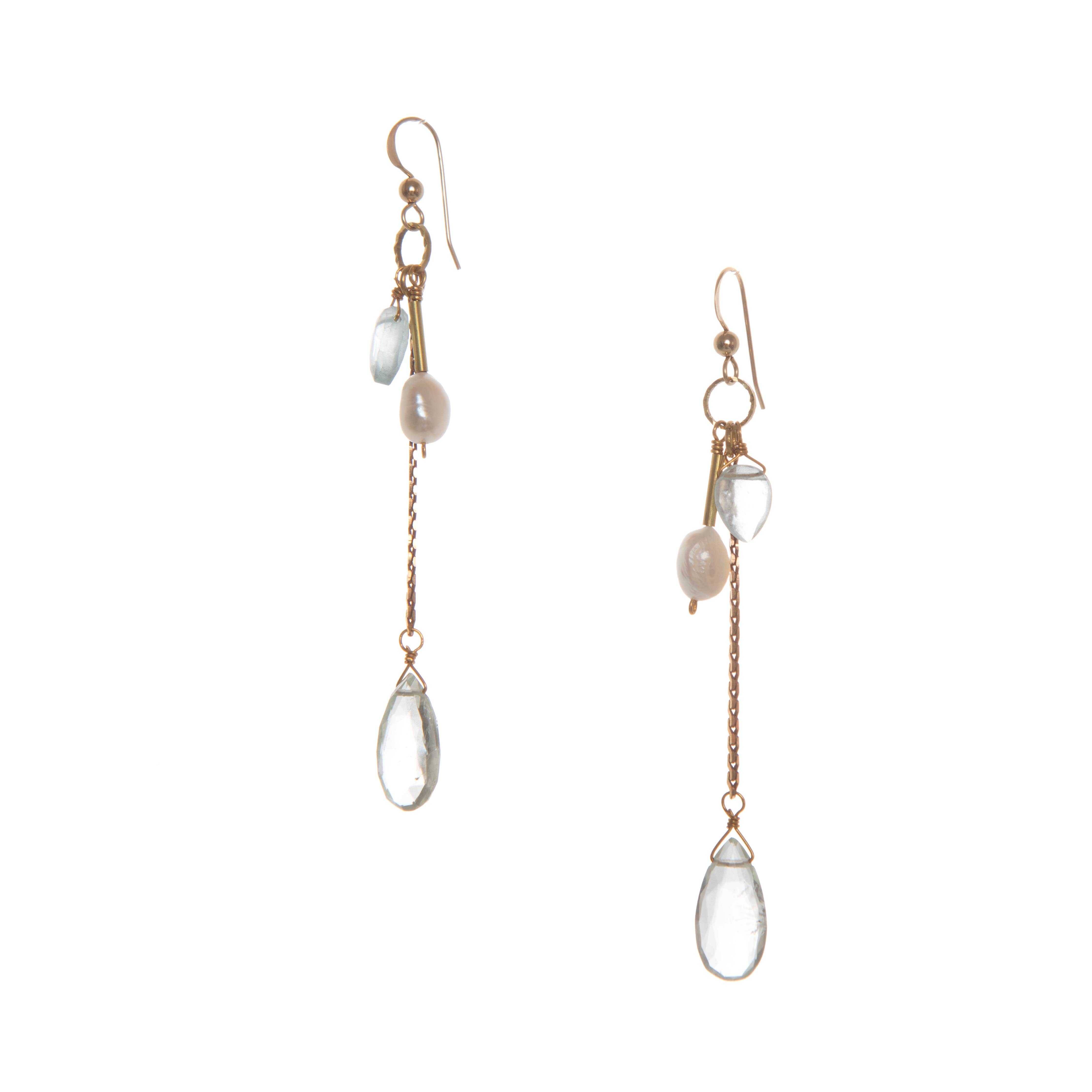 Brisa Earrings feature a hand-cut gemstone drop with a stone and Freshwater Pearl cluster. made from Vintage brass chains and recycled brass 