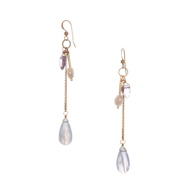 Brisa Earrings feature a hand-cut gemstone drop with a stone and Freshwater Pearl cluster. made from Vintage brass chains and recycled brass 