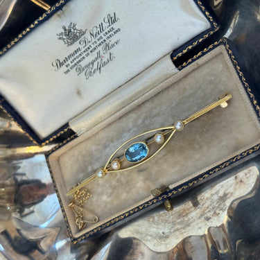 Magpie Vintage- Brooch 14ky Gold & Aquamarine and Seed Pearls