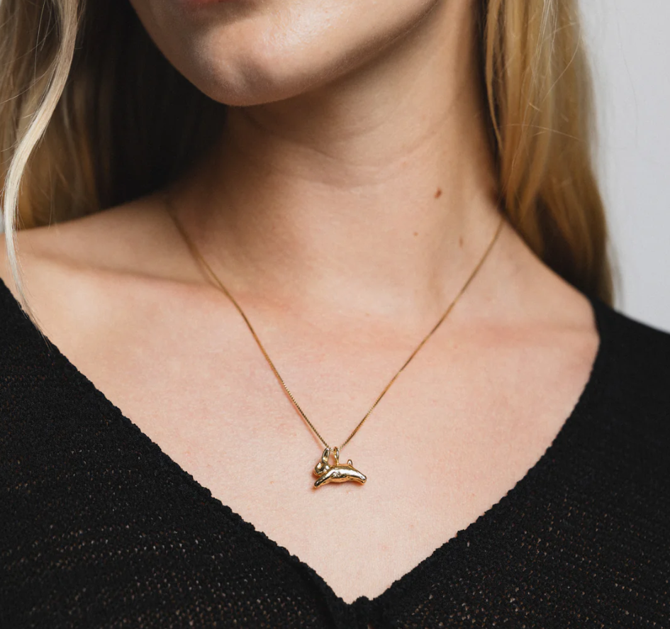 14k Gold plated brass bunny pendant on a 14k Gold-filled baby box chain | on model