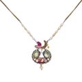 Plated Sterling Silver Necklace predominantly featuring many intricate beads shaped into an oval figure with a mosaic design with mainly green and red tones 