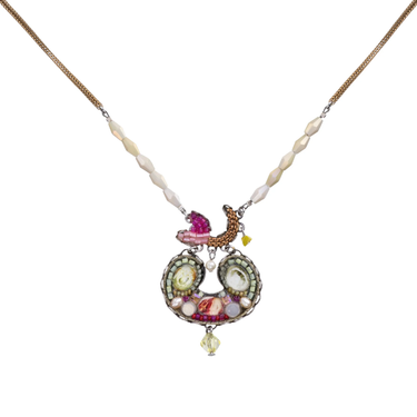 Plated Sterling Silver Necklace predominantly featuring many intricate beads shaped into an oval figure with a mosaic design with mainly green and red tones 