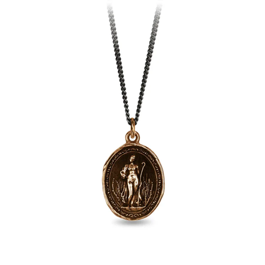 Bronze Talisman necklace depicting the goddess of mythos circe, holding a staff.