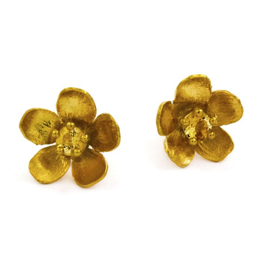 Gold Plated Silver Buttercup flower earrings with a Citrine Gemstone at the center