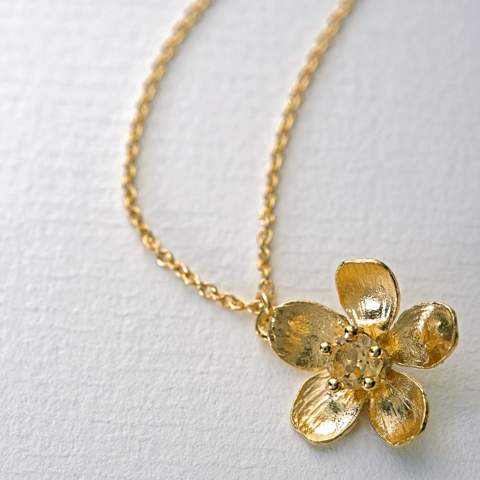 Gold Plated Silver Necklace with a Buttercup flower and Citrine Gemstone at the middle