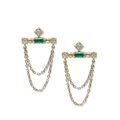 14k Yellow Gold Chain Thread Earrings with three studded diamonds and an emerald in the center