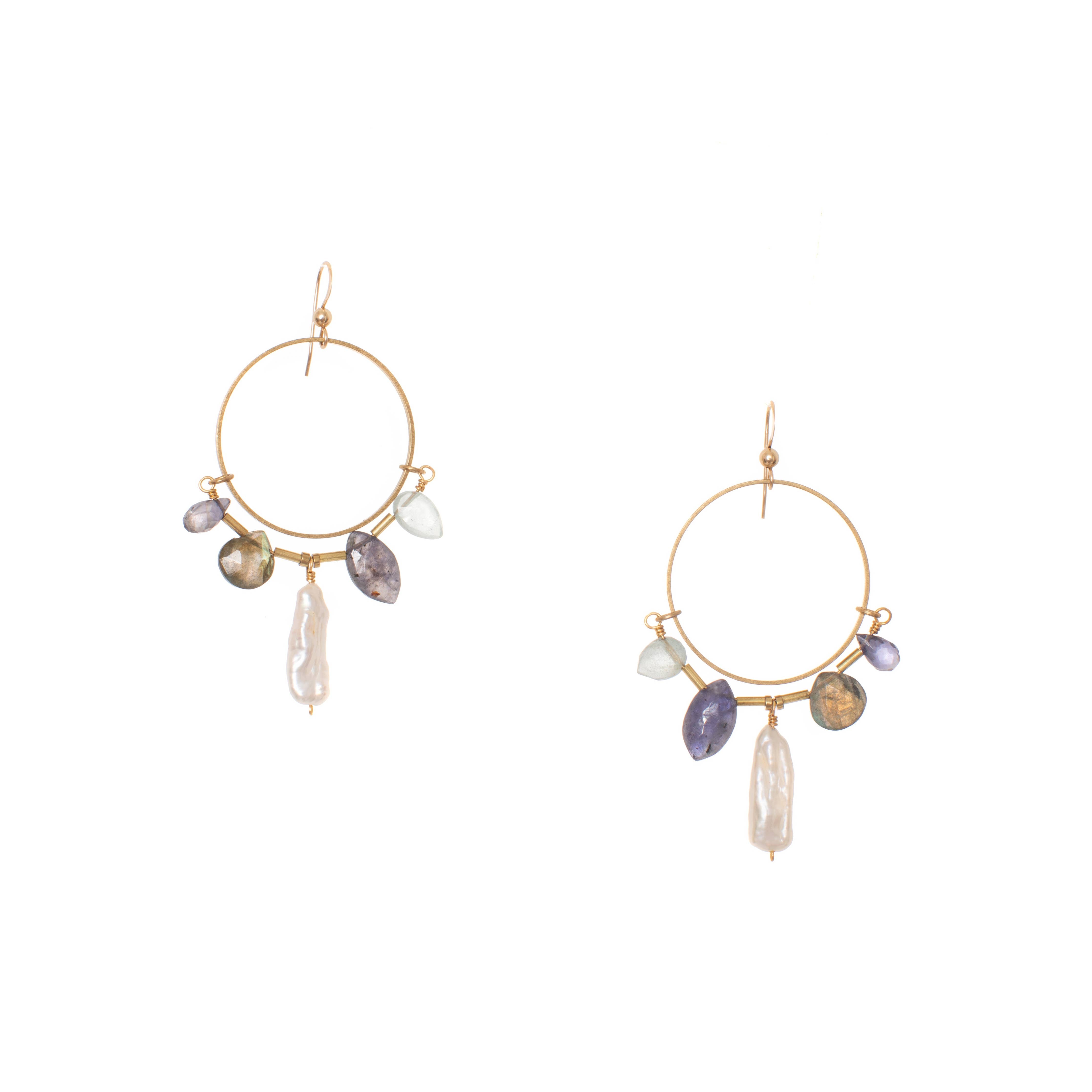 Earrings featuring an organic freshwater pearl with hand-cut gemstones, artfully crafted into a unique hoop style earring.