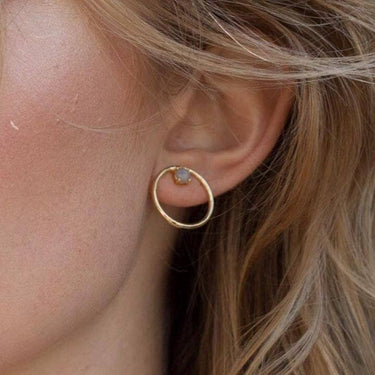 14k Gold Plated Brass Beech Studs in  new options: Iolite, Labradorite, Moonstone & Freshwater Pearl. | on model