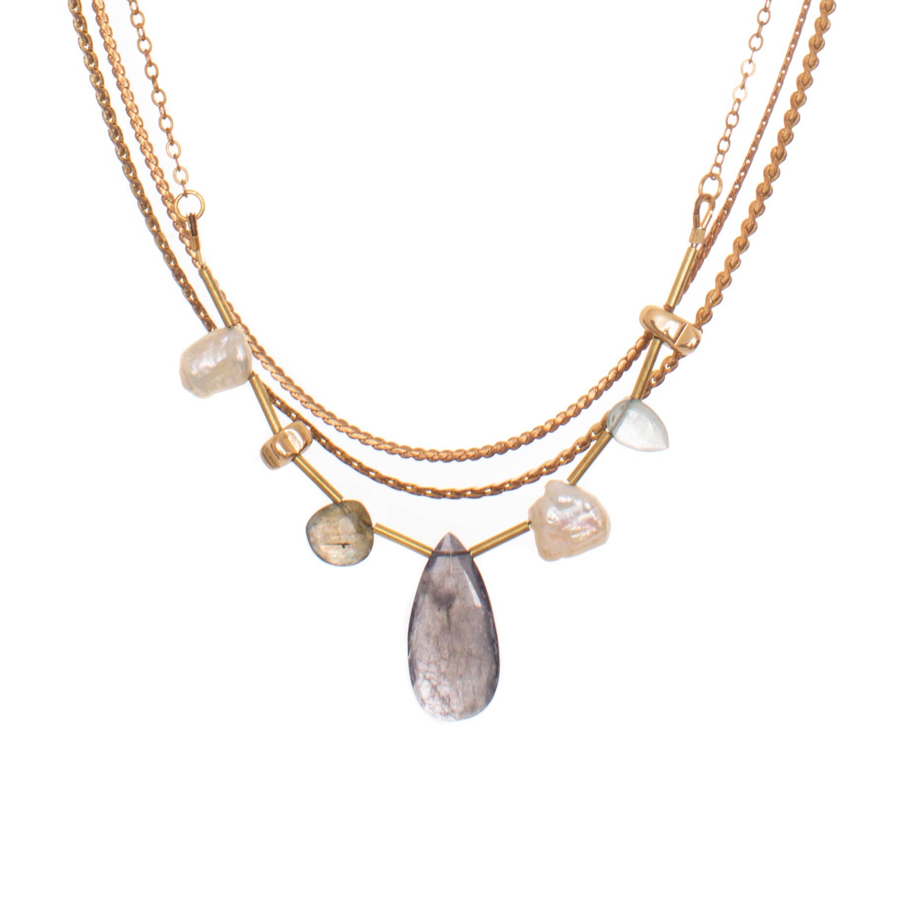 Seda Necklace featuring an asymmetrical assortment of gemstones and Freshwater Pearls in unique colours and textures combined with layers of reclaimed brass chains and gold-plated brass details. 