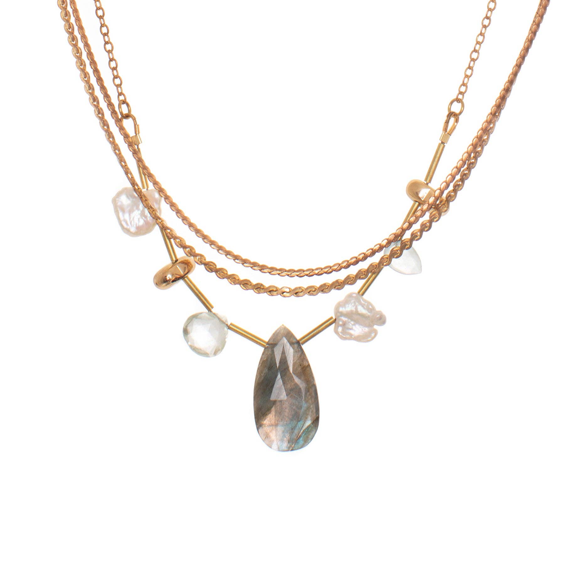 Seda Necklace featuring an asymmetrical assortment of gemstones and Freshwater Pearls in unique colours and textures combined with layers of reclaimed brass chains and gold-plated brass details. 