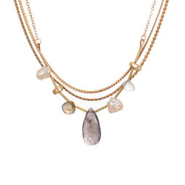 Seda Necklace featuring an asymmetrical assortment of gemstones and Freshwater Pearls in unique colours and textures combined with layers of reclaimed brass chains and gold-plated brass details. 