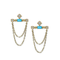 14k Yellow Gold Chain Thread Earrings with three studded diamonds and a turquoise gemstone in the center
