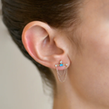 14k Yellow Gold Chain Thread Earrings with three studded diamonds and a Turquoise Gemstone in the center | On Model