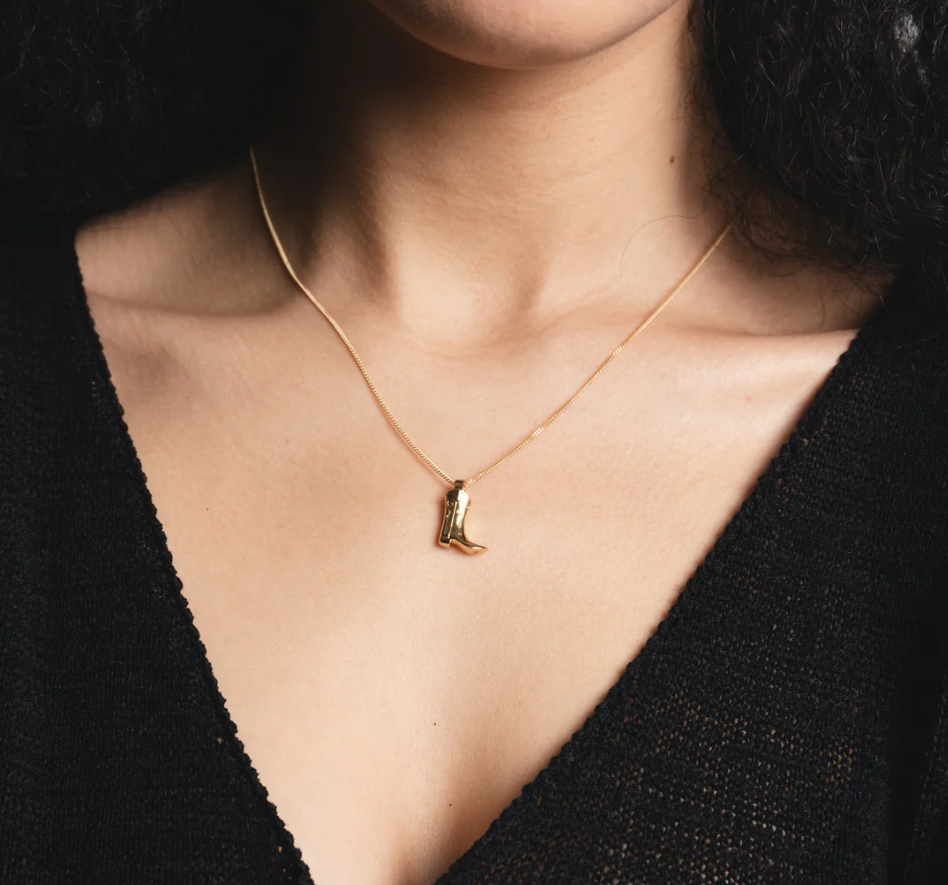 14k Gold plated brass cowboy boot pendant on a 18" 14k Gold-Filled curb chain | on model
