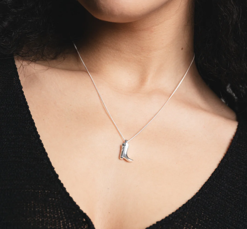 Sterling Silver cowboy boot pendant on a 18" Sterling Silver curb chain | on model