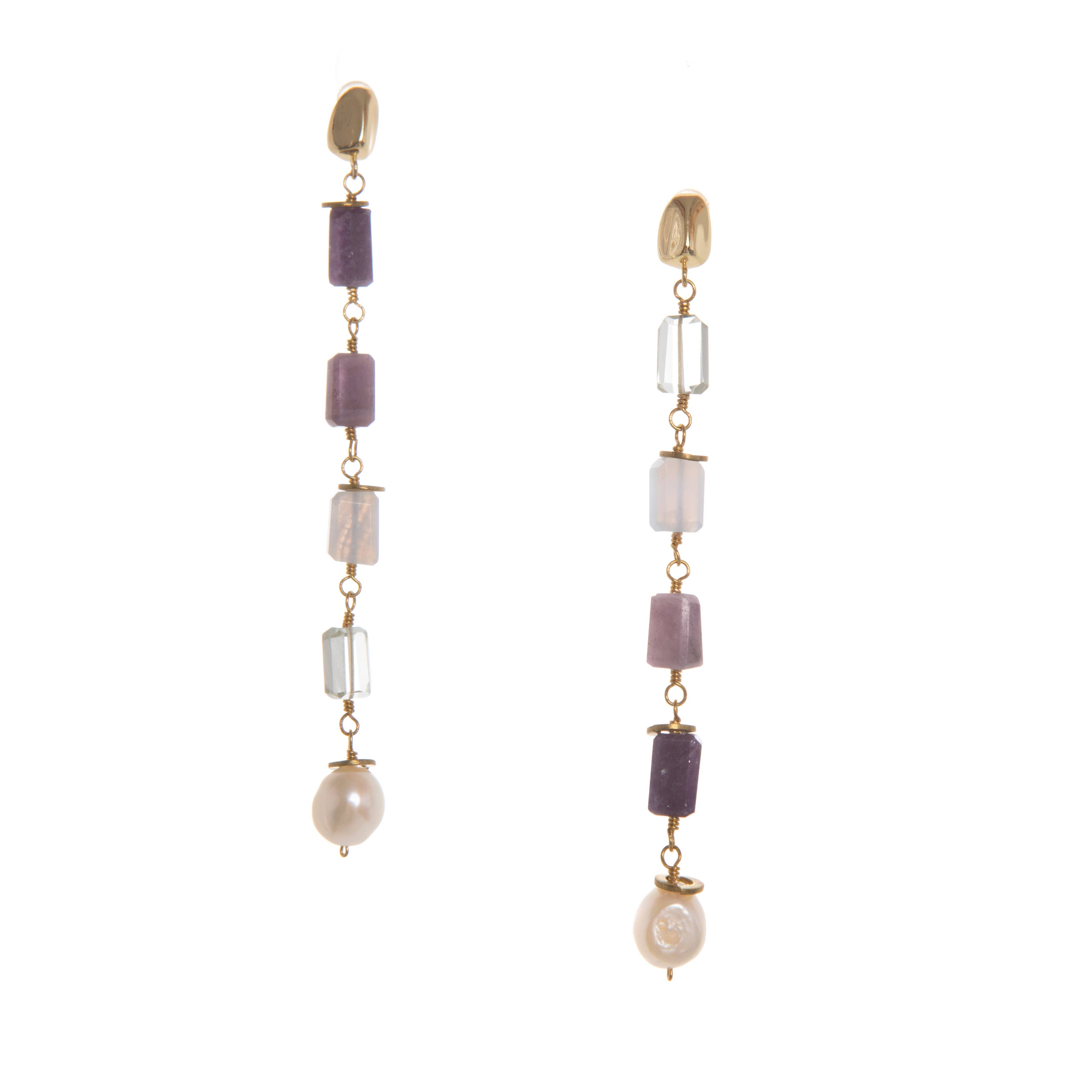 Cumulus Earrings feature stunning gemstone nuggets in a graduated ombré style, fading from light to dark and dark to light. Hand-cut stones and a delicate Freshwater Pearl