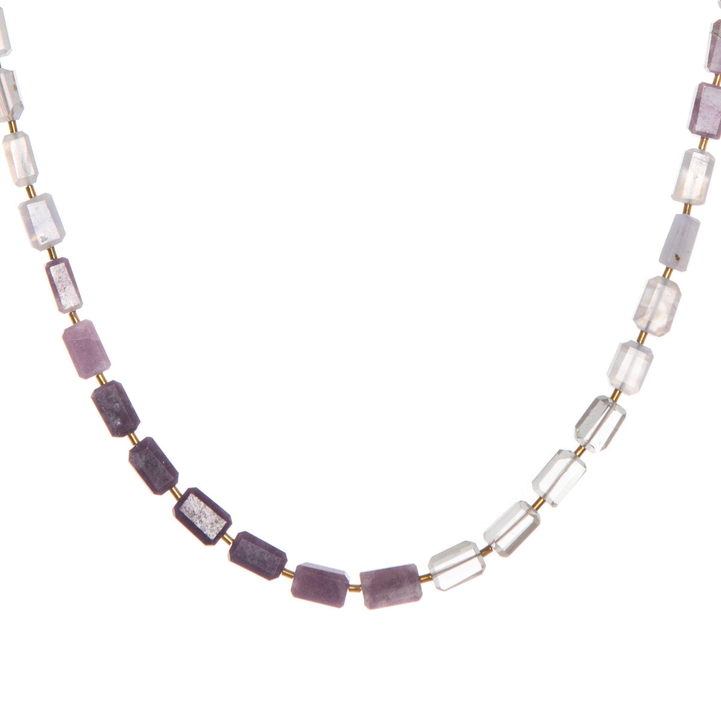Cumulus necklace made in a graduated ombré style pattern, featuring hand-cut gemstones and Gold Hematite spacers