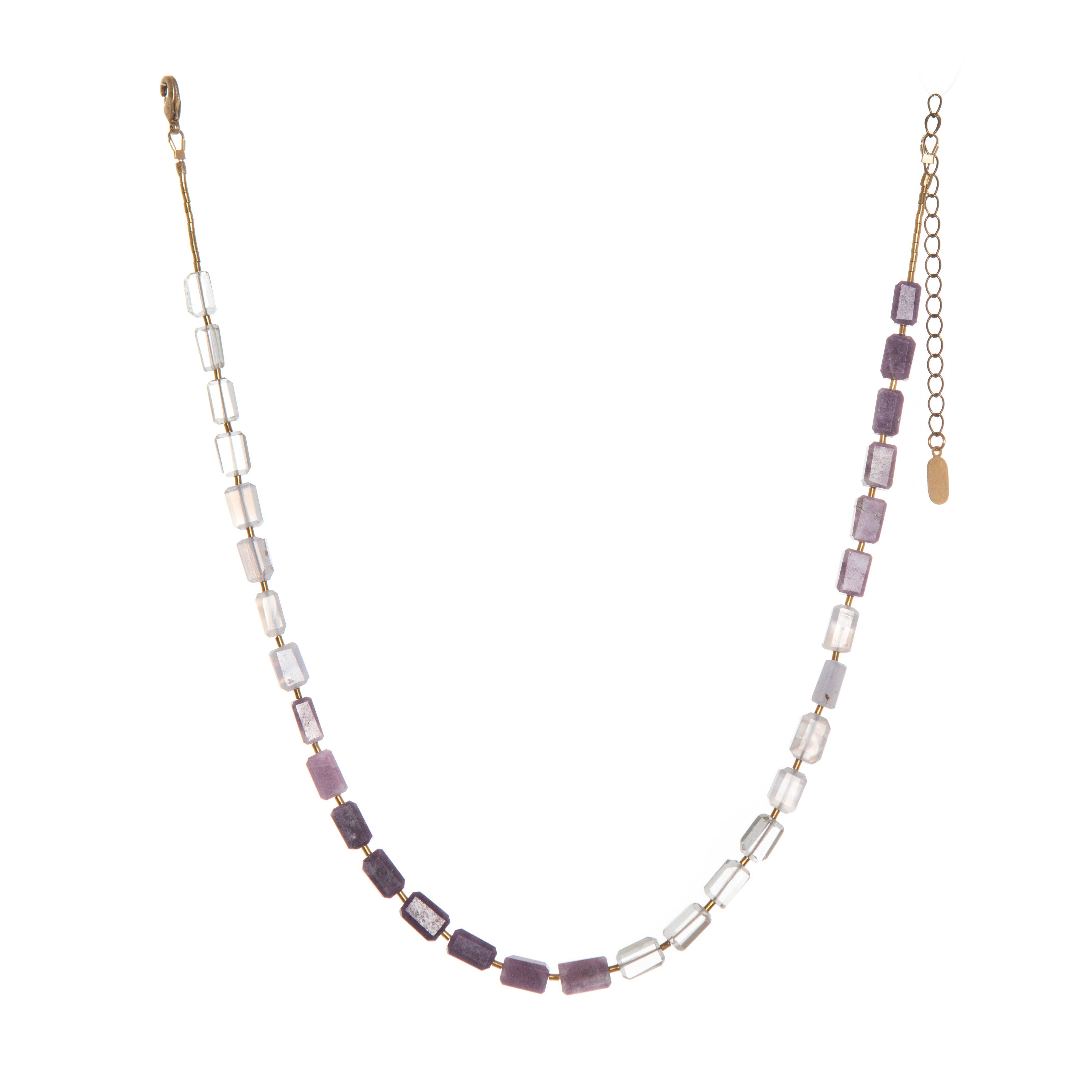 Cumulus necklace made in a graduated ombré style pattern, featuring hand-cut gemstones and Gold Hematite spacers