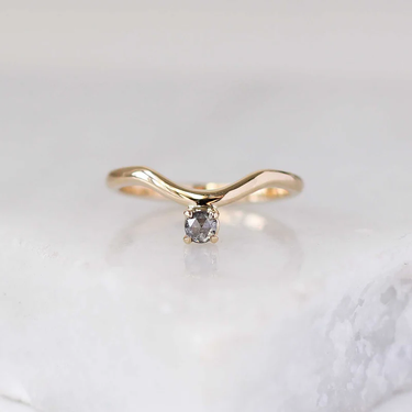 14k yellow Gold Curved contour band  set with a rose cut salt & pepper diamond