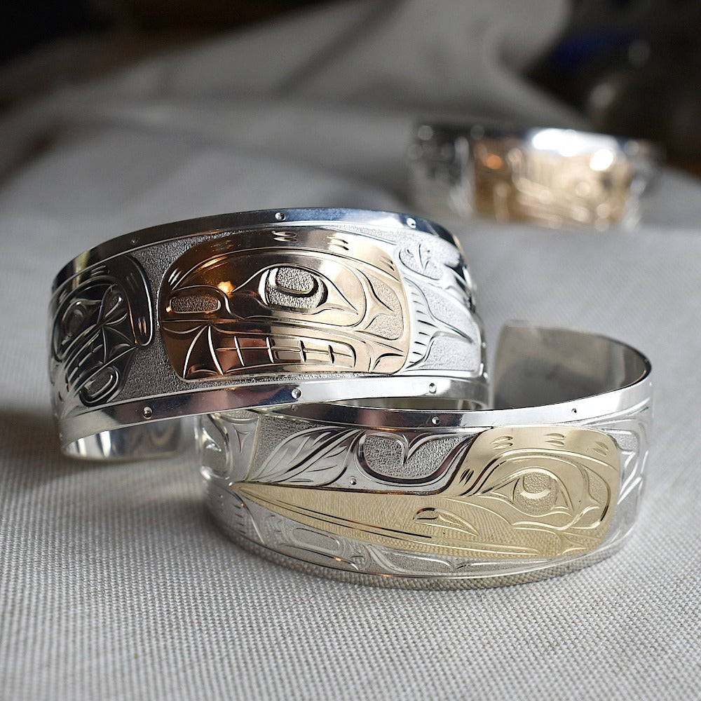 Extra Wide Silver Totem Cuff with 14k Gold Overlay | Magpie Jewellery
