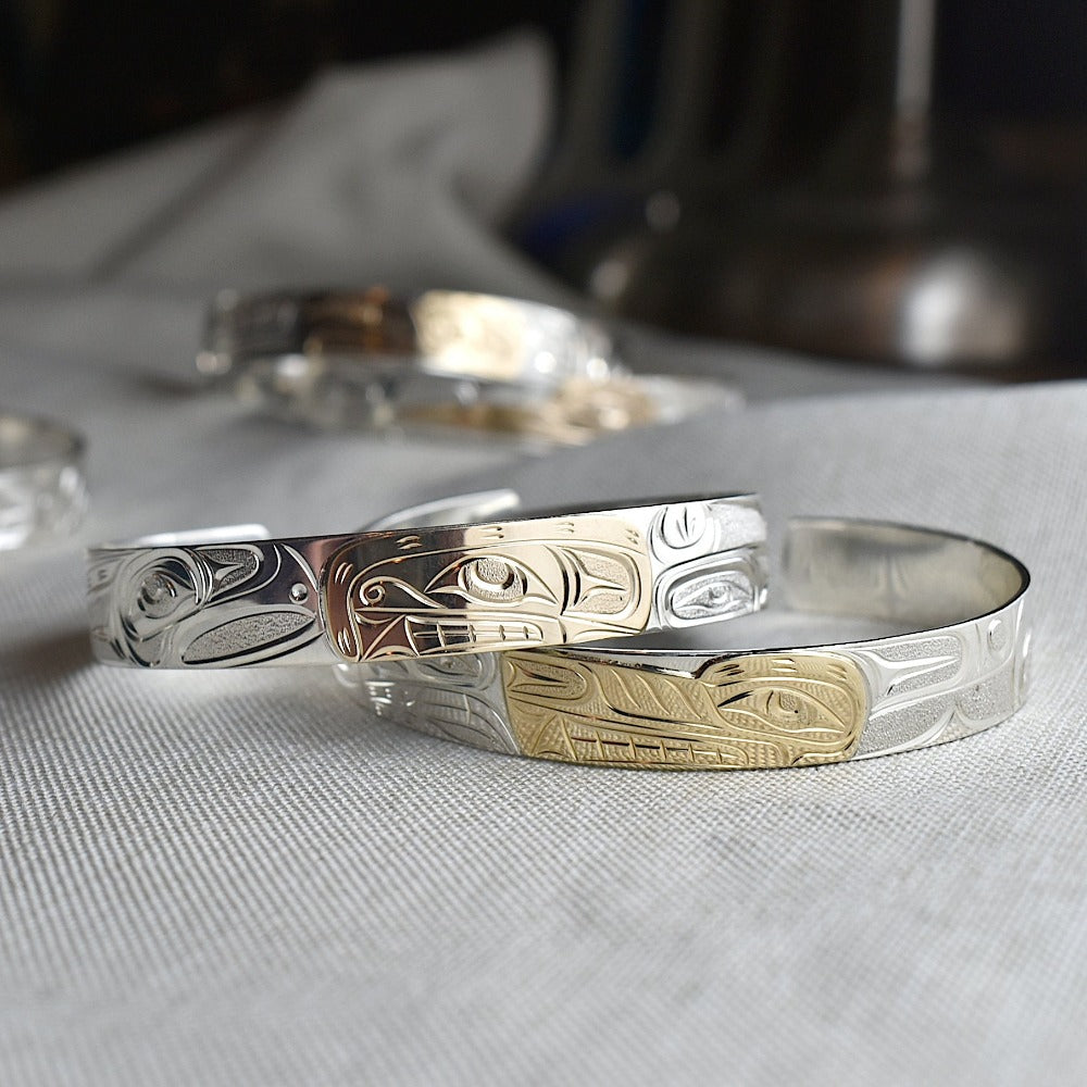 Narrow Silver Totem Cuff with 14k Yellow Gold Overlay