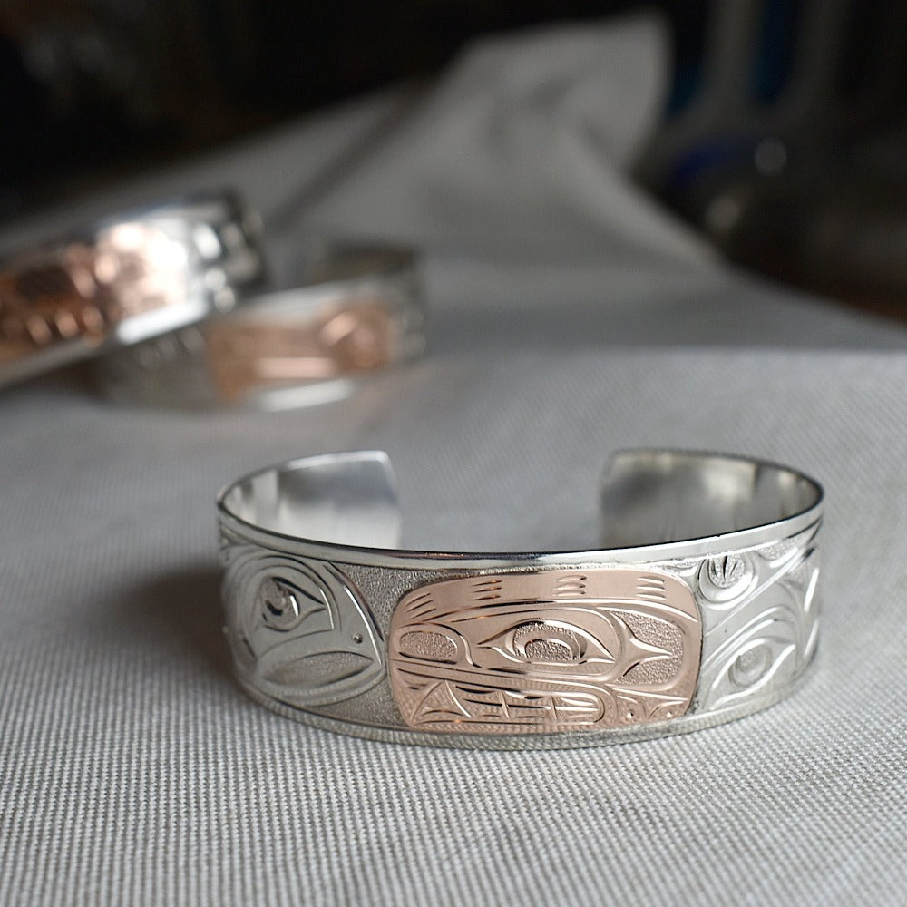 Wide Silver Totem Cuff with 14k Rose Gold Overlay (Showcase)