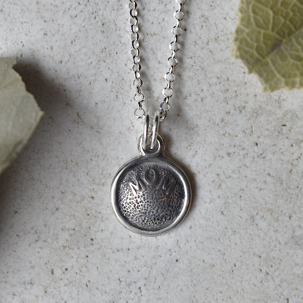 'Mom' Tiny Die Struck Silver Necklace | Magpie Jewellery