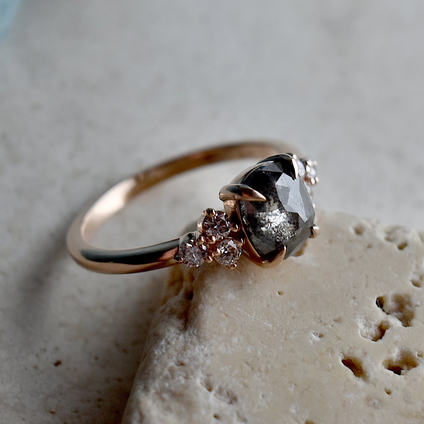 Rose Gold .95ct Oval Rose Cut Salt & Pepper Diamond Ring - Magpie Jewellery