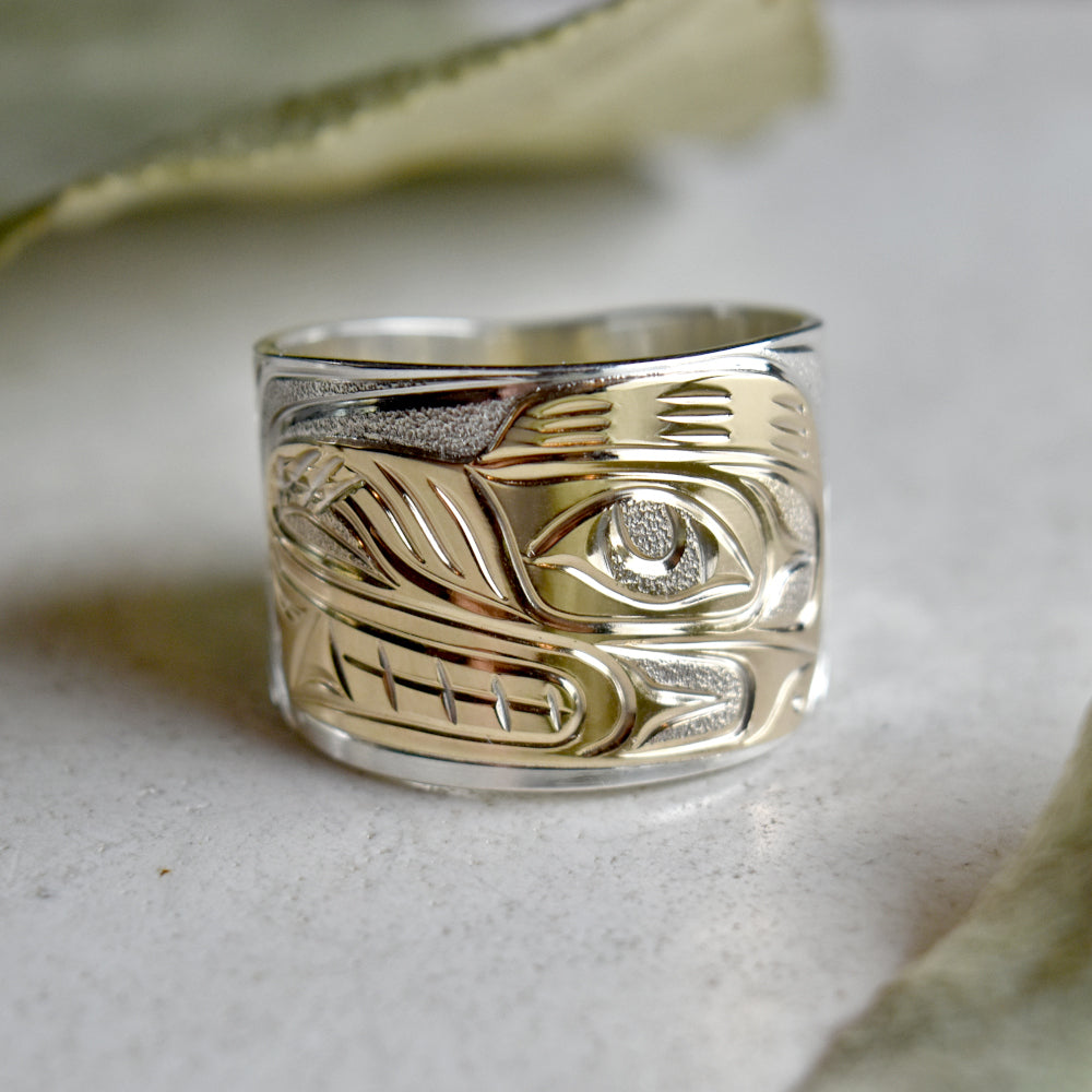 Extra Wide Tapered Wolf Ring with 14k Yellow Gold Overlay | Magpie Jewellery