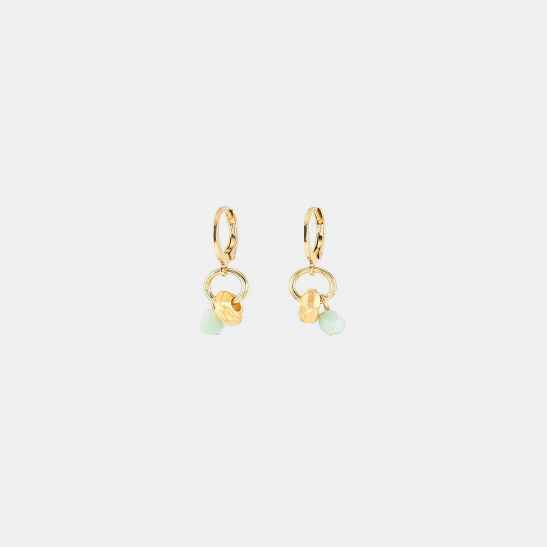 Short Gold earrings with pewter nugget and colorful Light Green glass bead