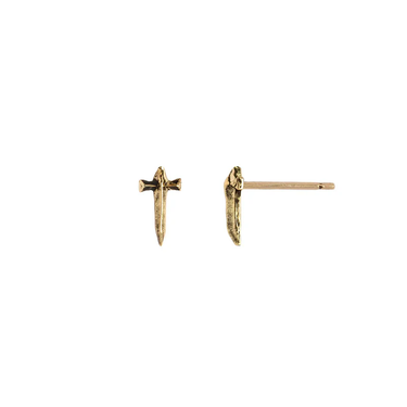 14k yellow gold stud earrings in the shape of a small dagger