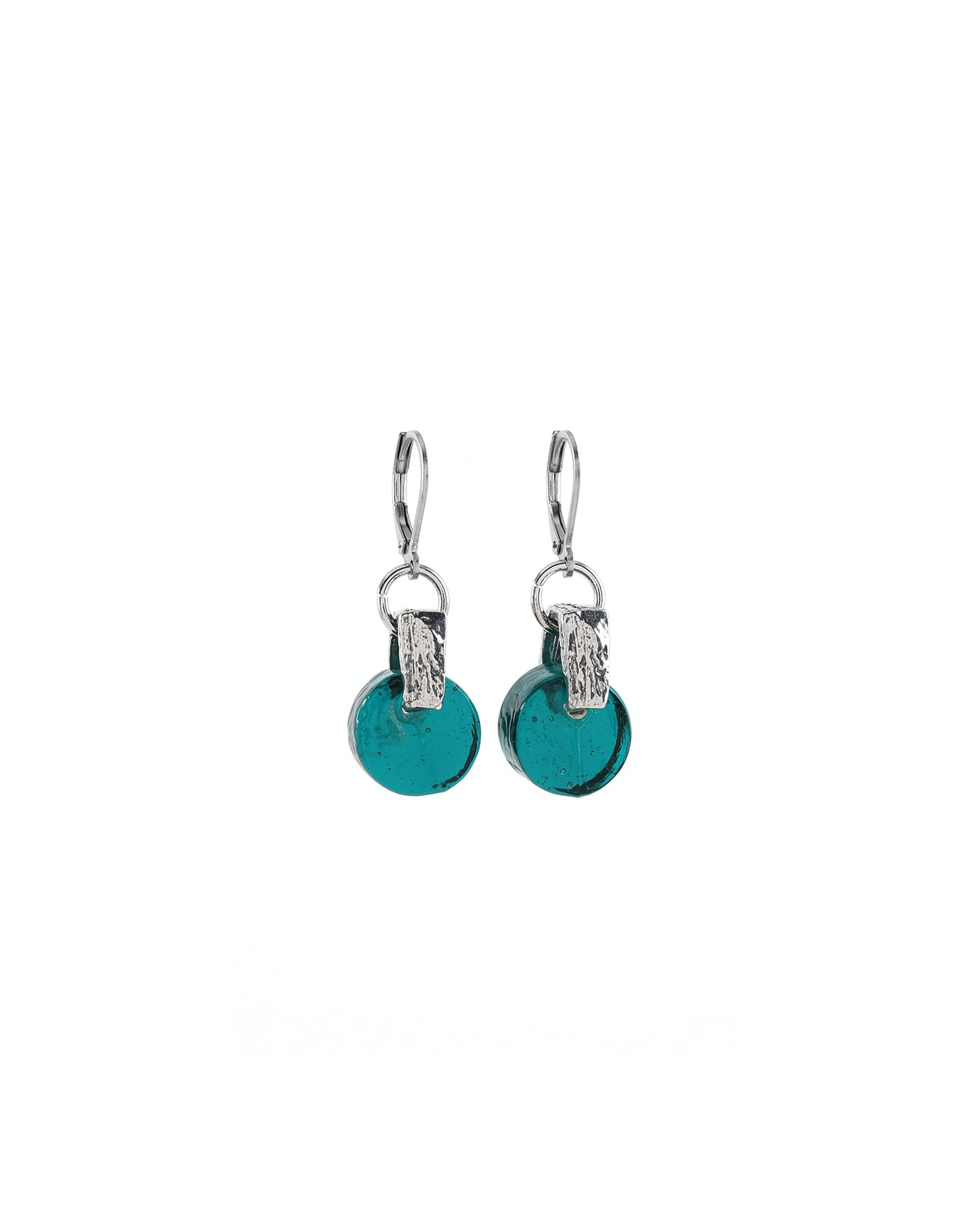 Silver Plated Pewter Earrings with a Blue Green Glass Bead