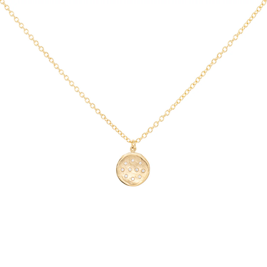 18K Yellow Gold Hammered Disc Necklace with a 10mm DIamond Spray Pendant, and 10 diamonds studded within.