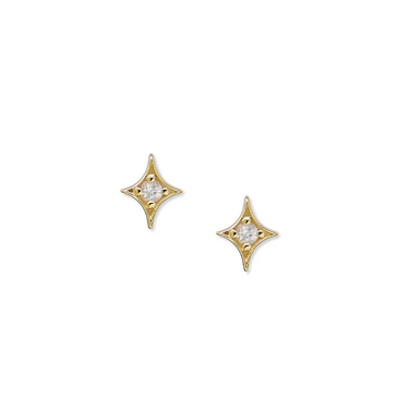 14k Yellow Gold Diamond Studs in the shape of 4 pronged star