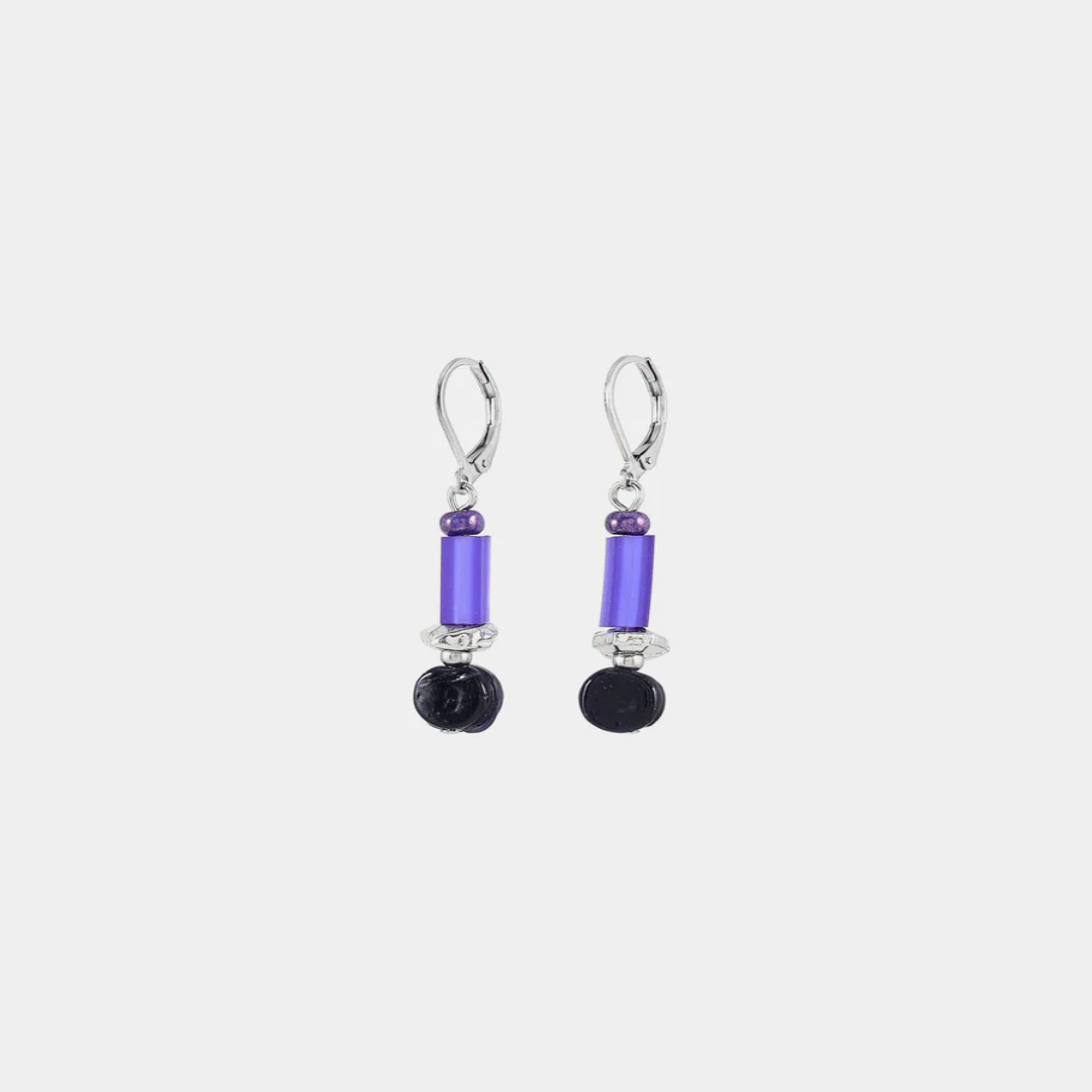 Short Silver earrings with colorful Purple and Black beads in varied shapes and a pewter nugget
