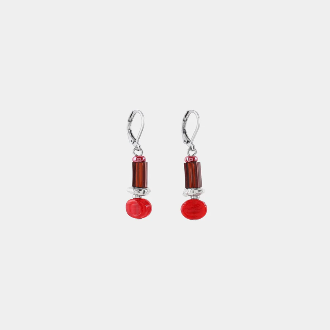 Short Silver earrings with colorful Red beads in varied shapes and a pewter nugget