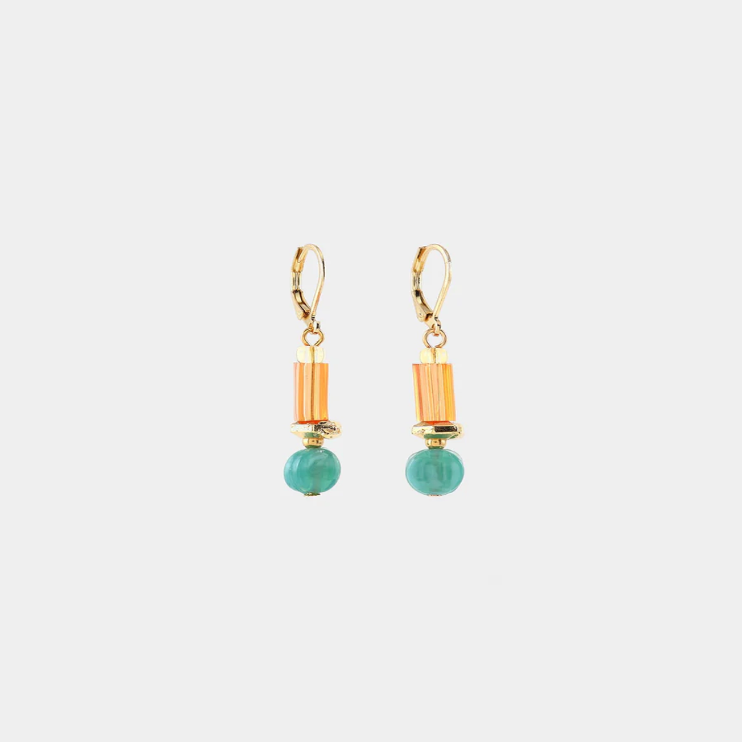 Short gold earrings with colorful Orange and turquoise beads in varied shapes and a pewter nugget