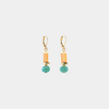 Short gold earrings with colorful Orange and turquoise beads in varied shapes and a pewter nugget