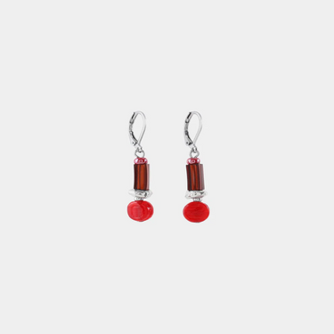 Short Silver earrings with colorful Red beads in varied shapes and a pewter nugget