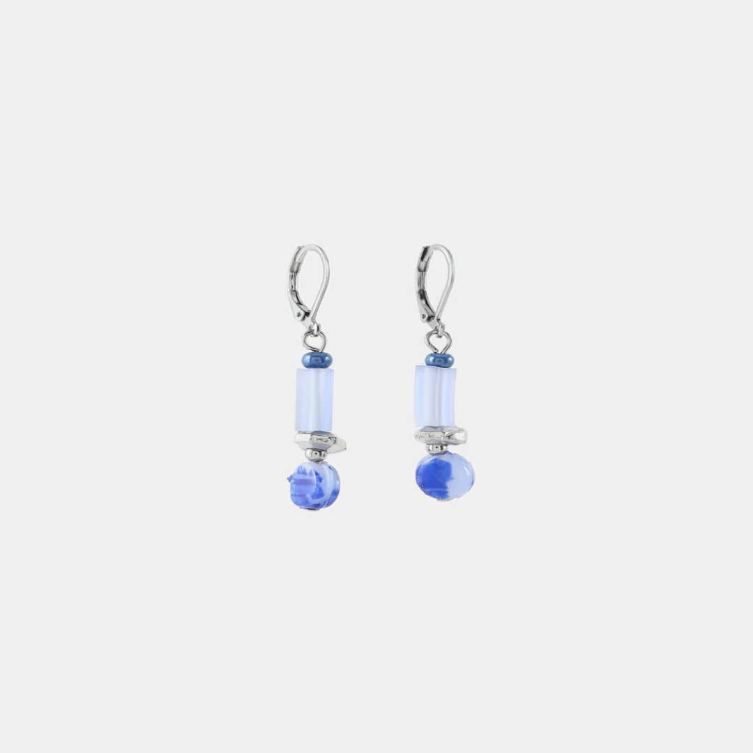 Short Silver earrings with colorful Blue beads in varied shapes and a pewter nugget