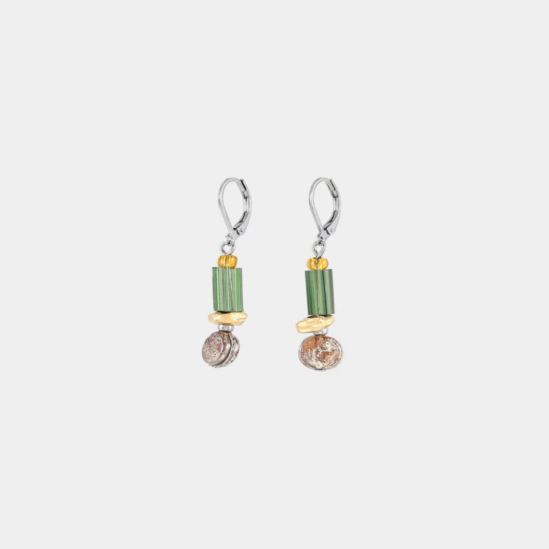 Short Two Toned earrings with colorful green and yellow beads in varied shapes and a pewter nugget