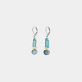 Short Two Toned earrings with colorful Blue beads in varied shapes and a pewter nugget