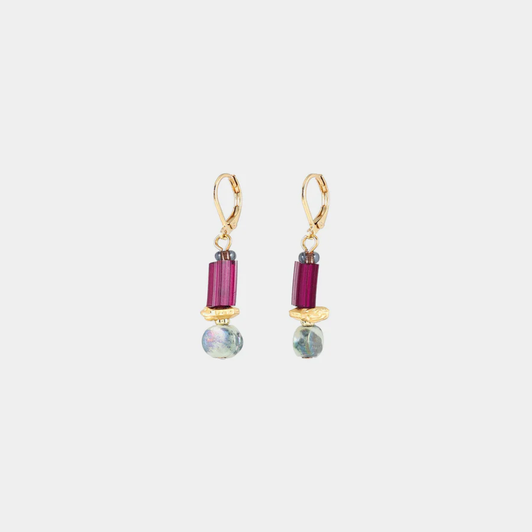 Short gold earrings with colorful purple and Silver beads in varied shapes and a pewter nugget